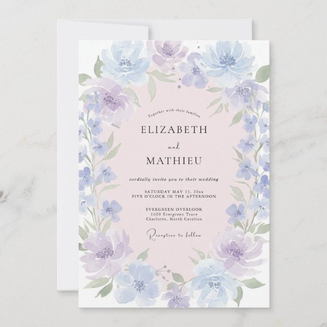 Lavender Blue Dreamy Watercolor Wedding Invitation (Front)