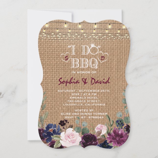 Lavender Blue Floral BurlapI DO BBQ Invitation (Front)