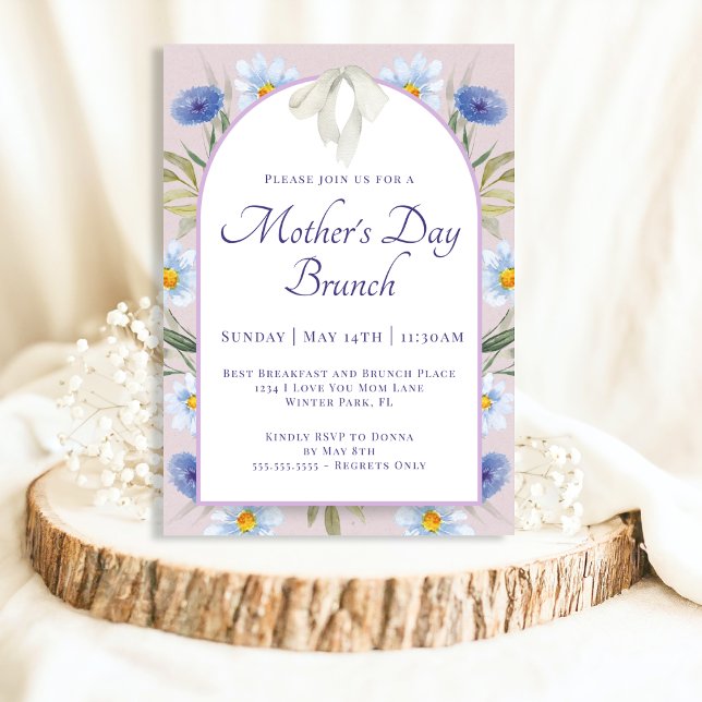 Lavender Blue Floral Cream Bow Mother's Day Brunch Invitation (Creator Uploaded)