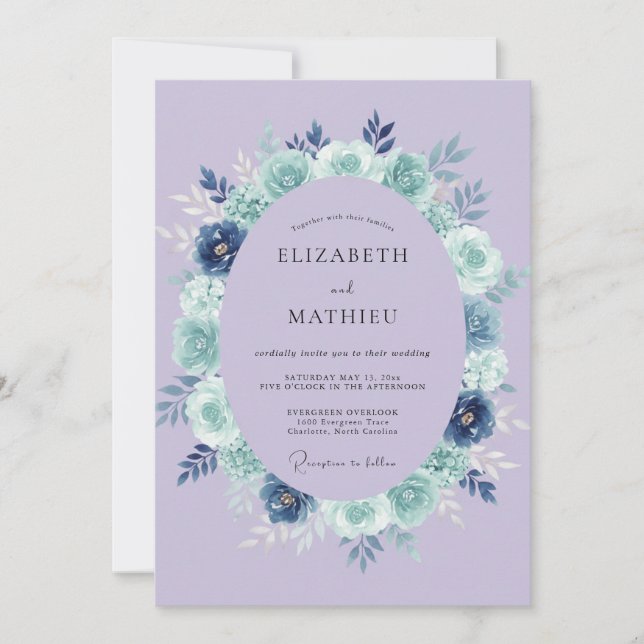 Lavender Blue Floral Wreath Wedding Invitation (Front)