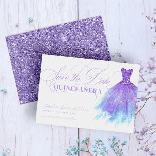 Lavender & Blue Glitter Girly Dress Quinceanera Save The Date