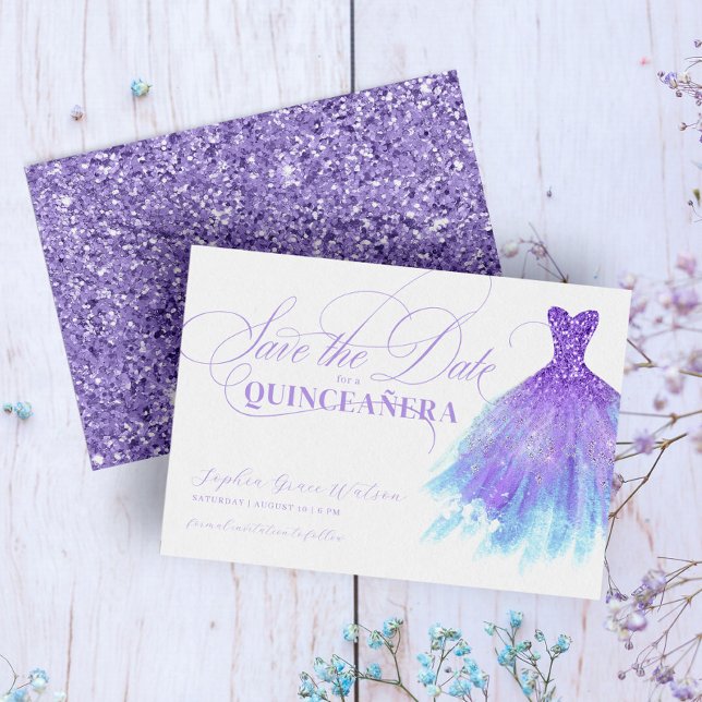 Lavender & Blue Glitter Girly Dress Quinceanera Save The Date (Creator Uploaded)