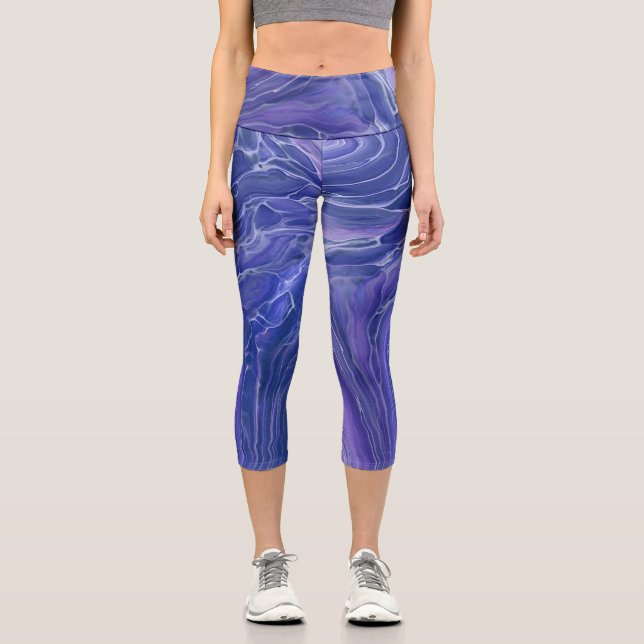 Lavender Blue Marble Acrylic Abstract Capri Leggings (Front)