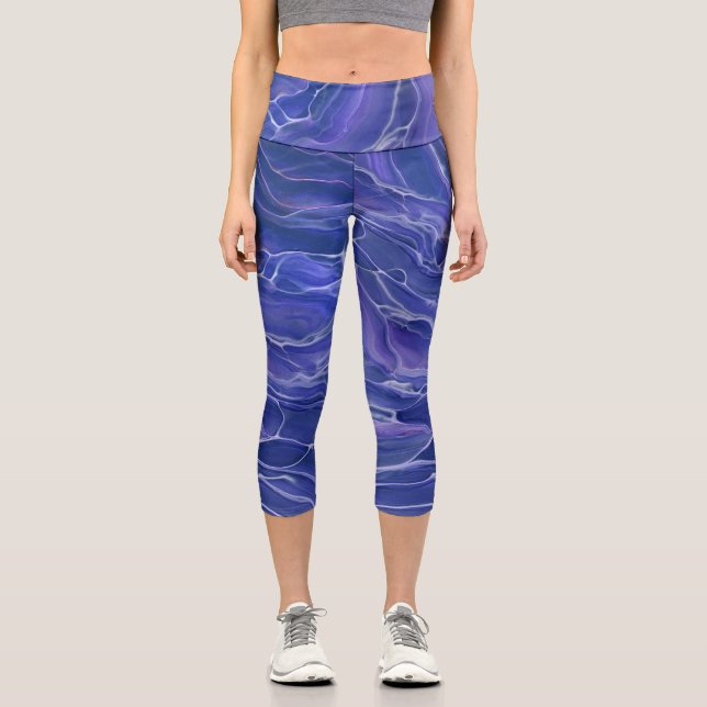 Lavender Blue Marble Acrylic Abstract Capri Leggings (Front)