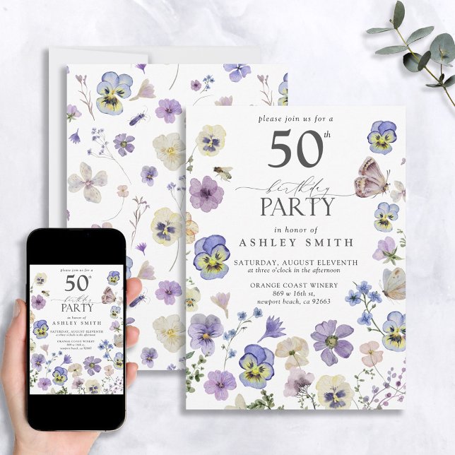 Lavender Blue Pressed Floral 50th Birthday Invitation (Creator Uploaded)
