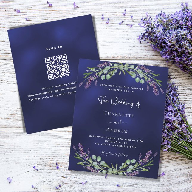 Lavender blue QR RSVP budget wedding invitation (Creator Uploaded)