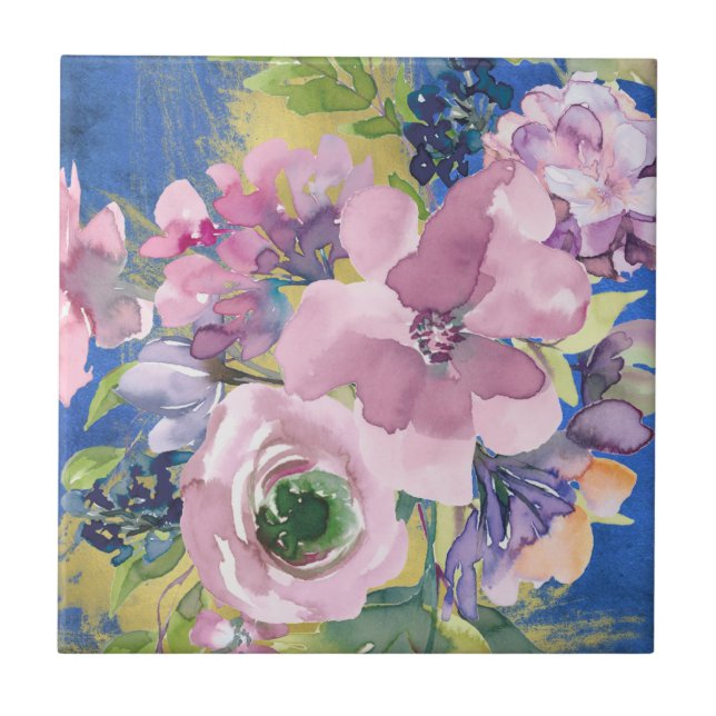 Lavender Blues Watercolor Floral Tile (Front)