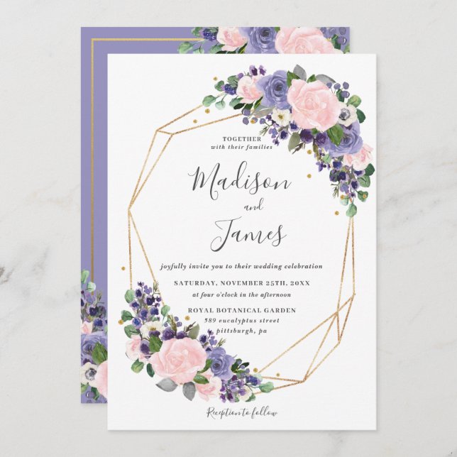 Lavender Blush Floral Wedding Geometric Gold Frame Invitation (Front/Back)