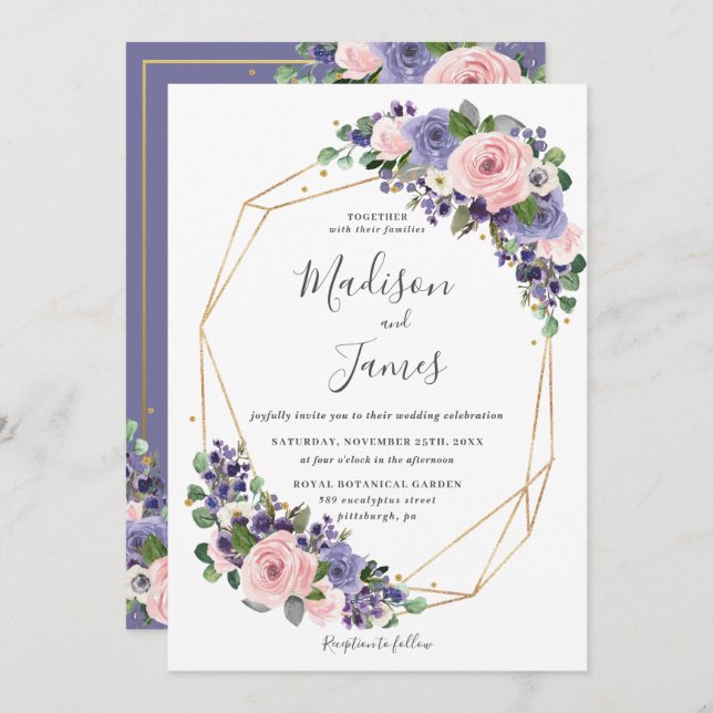 Lavender Blush Floral Wedding Geometric Gold Frame Invitation (Front/Back)