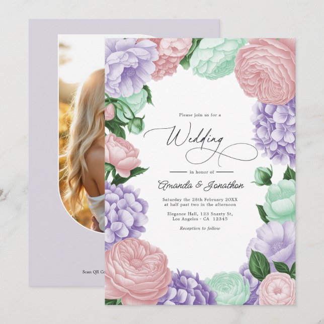 Lavender, Blush & Mint Floral Wedding Invitation (Front/Back)