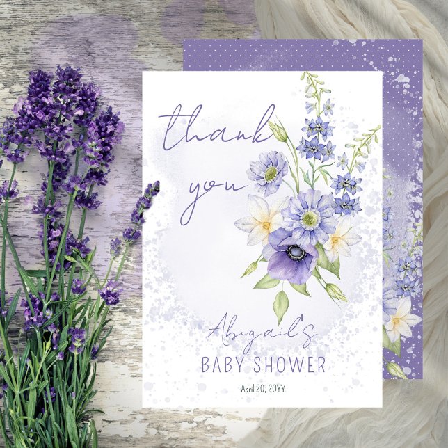 Lavender Boho A Little Wildflower Baby Shower Thank You Card (A Little Wildflower Is On The Way Lavender Floral Baby Shower Thank You Card)