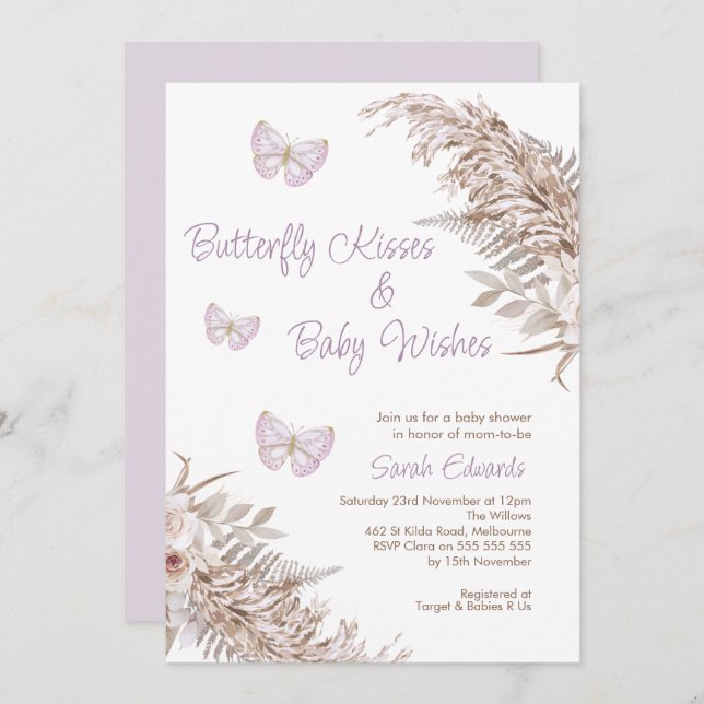 Lavender Boho Floral Butterfly Kisses Baby Shower Invitation (Front/Back)