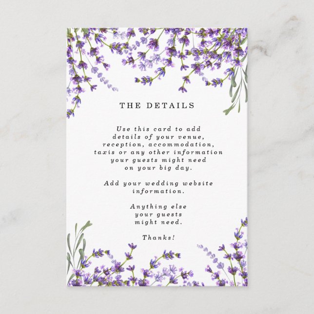 lavender boho floral wedding details information enclosure card (Front)