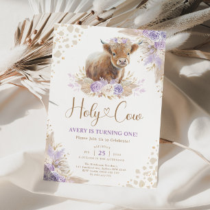 Lavender Boho Pampas Highland Cow Girl Birthday Invitation