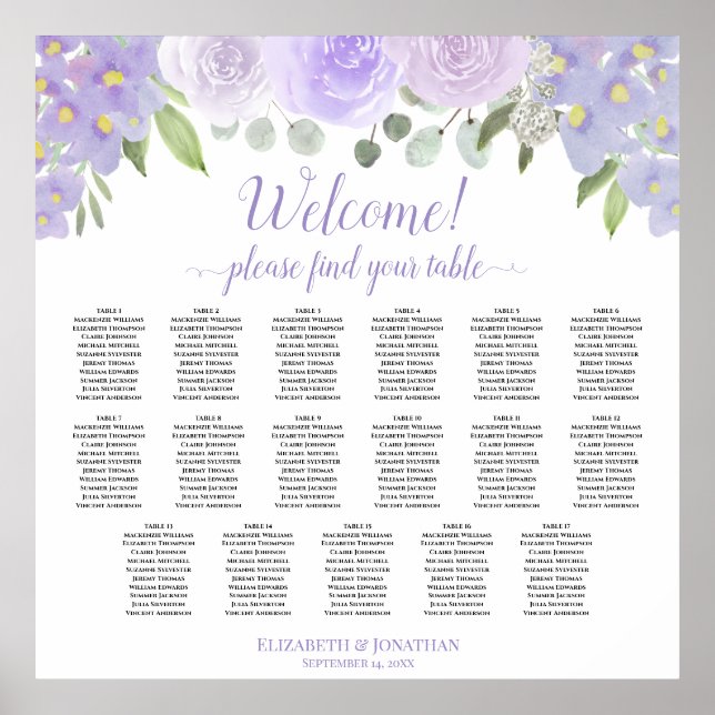 Lavender Boho Roses 17 Table Wedding Seating Chart (Front)