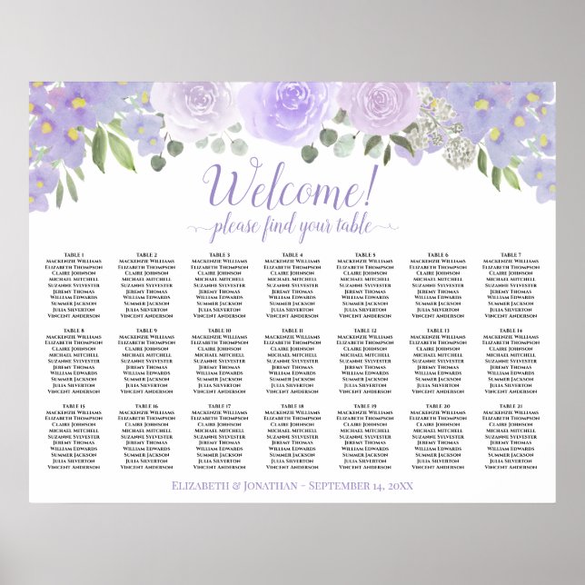 Lavender Boho Roses 21 Table Wedding Seating Chart (Front)