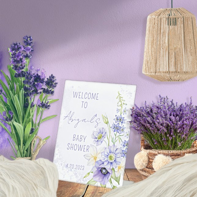 Lavender Boho Wildflower Baby Shower Welcome Pedestal Sign (A Little Wildflower Is On The Way Lavender Floral Baby Shower "Welcome" Pedestal Tabletop Sign)