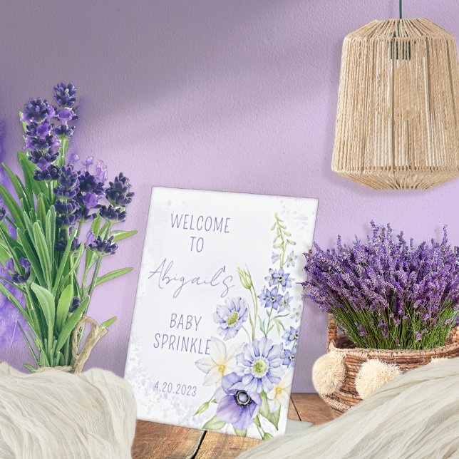 Lavender Boho Wildflower Baby Sprinkle Welcome Pedestal Sign (A Little Wildflower Is On The Way Lavender Floral Baby Sprinkle Tabletop Pedestal Sign)
