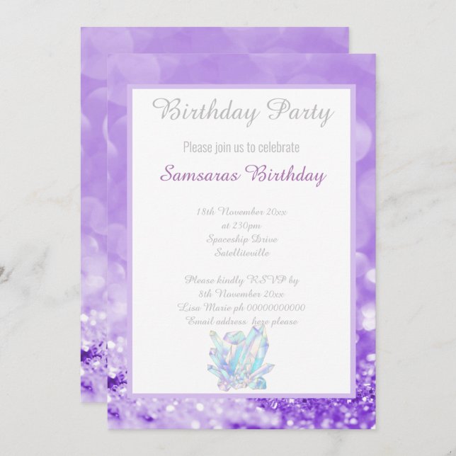 LAVENDER BOKEH CRYSTALS GEMS BIRTHDAY INVITATION (Front/Back)