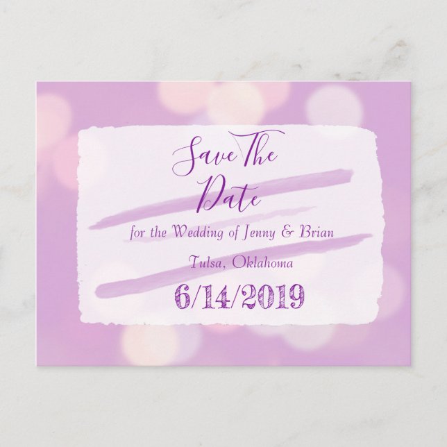 Lavender Bokeh Wedding Save the Date Postcard (Front)