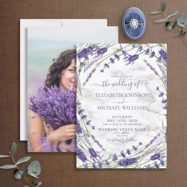 Lavender Botanical Frame Marble Photo Wedding Invitation (Creator Uploaded)