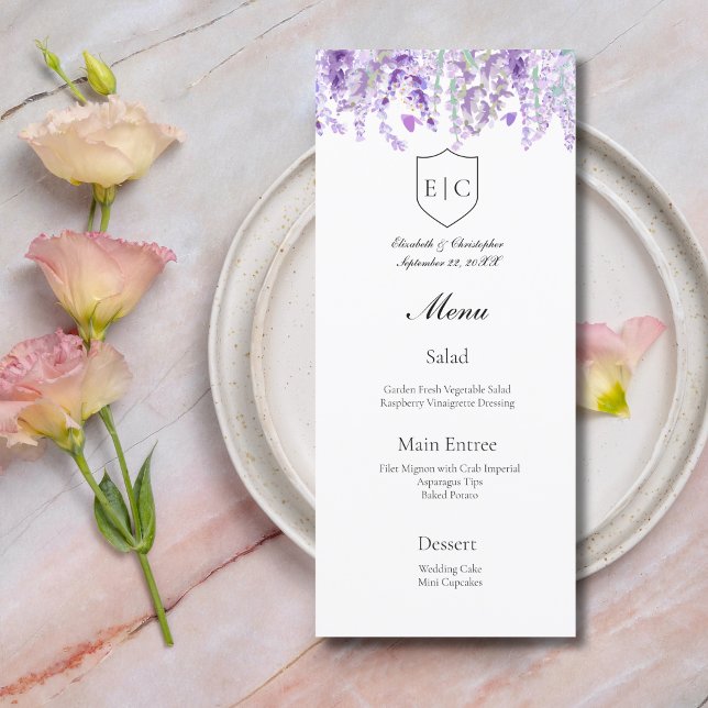 Lavender Botanical Monogram Wedding Menu (Lavender Floral Botanical Wedding Menu Monogram Crest)