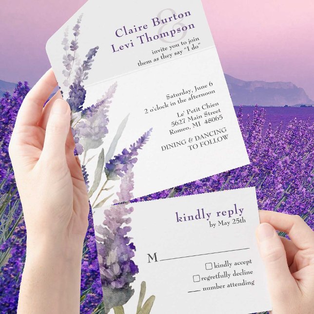 Lavender Botanical Purple Flowers Wedding All In One Invitation (Lovely watercolor lavender flowers on an all-in-one invitation for your spring/summer wedding.)