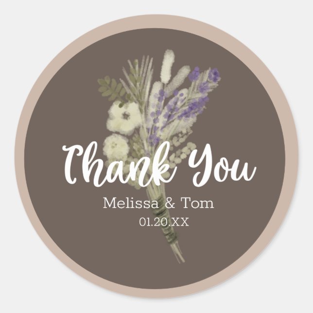 Lavender Botanical Rustic Wedding Thank You Classic Round Sticker (Front)