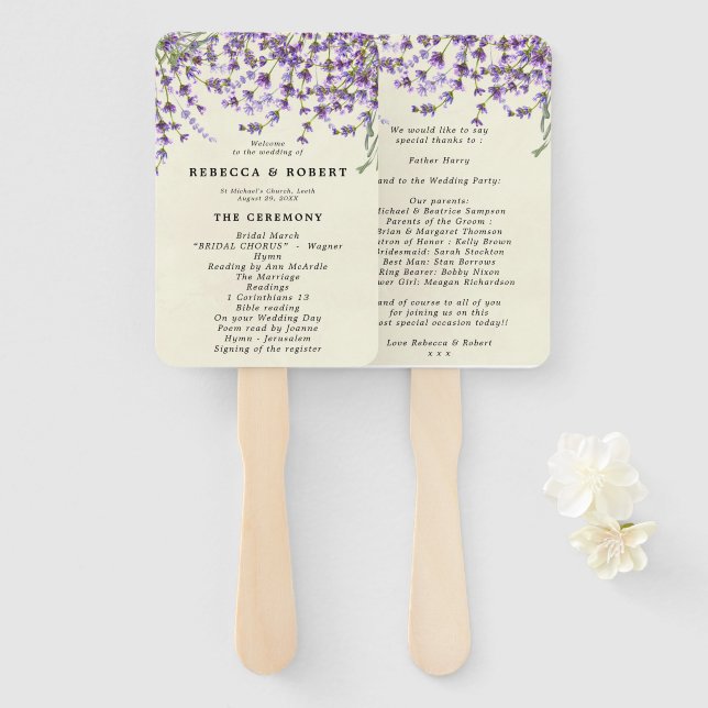 lavender botanical wedding program fans (Front and Back)