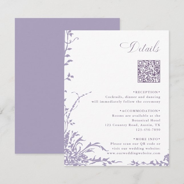 Lavender Botanical Wedding QR Code Details Enclosure Card (Front/Back)
