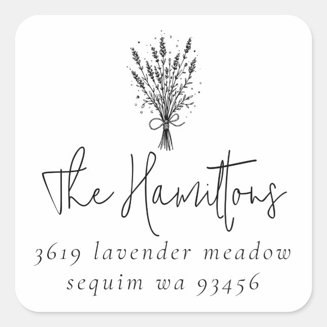 Lavender Bouquet Script Family Name Return Address Square Sticker (Front)