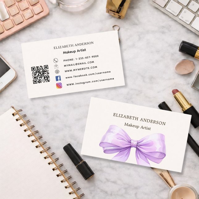 Lavender bow beige cream qr code social media business card (Creator Uploaded)