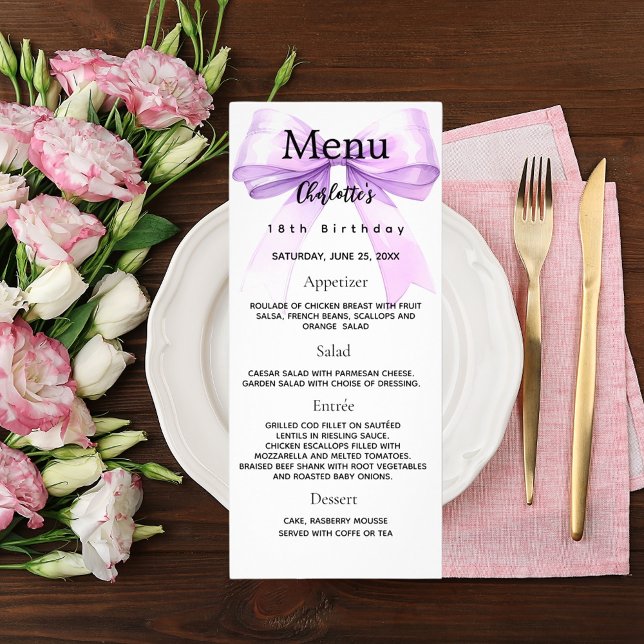 Lavender bow birthday menu card (Creator Uploaded)