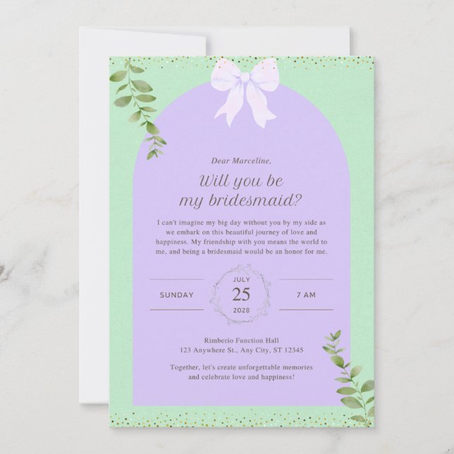 Lavender Bow Bridesmaid Proposal Invitation (Front)