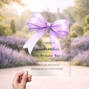 Lavender bow coquette girl luxury clear birthday acrylic invitations
