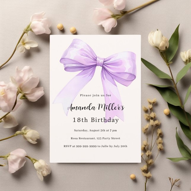 Lavender bow cream elegant birthday invitation (Creator Uploaded)