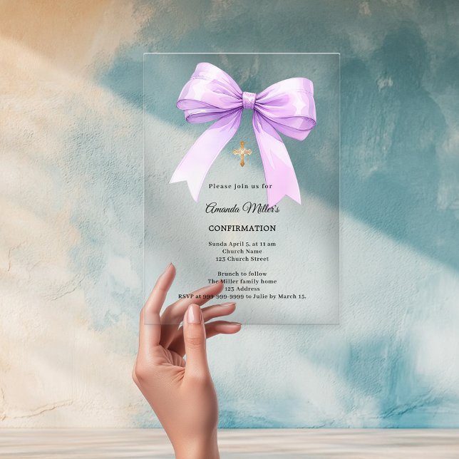 Lavender bow cream girl clear Confirmation Acrylic Invitations (Creator Uploaded)