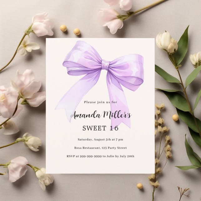 Lavender bow cream Sweet 16 invitation (Creator Uploaded)