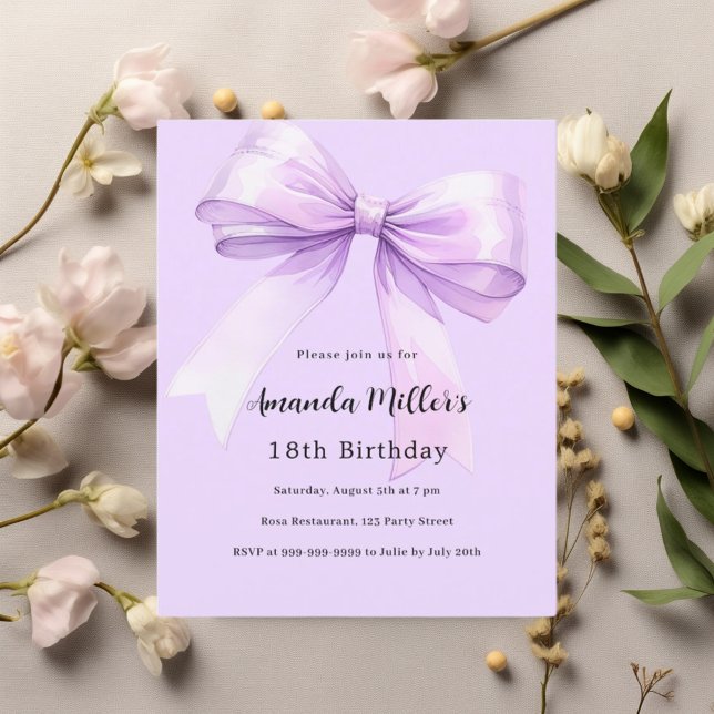 Lavender bow elegant birthday invitation (Creator Uploaded)