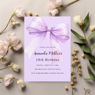 Lavender bow elegant birthday invitation