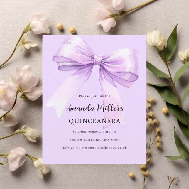 Lavender bow elegant Quinceanera invitation (Creator Uploaded)