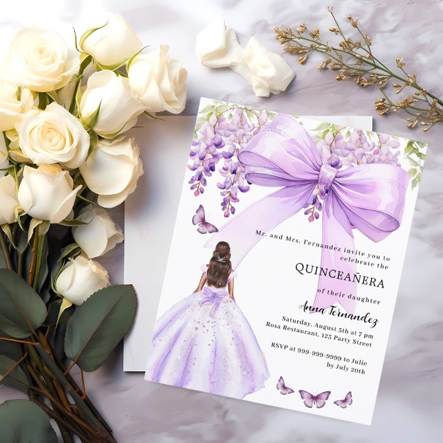 Lavender bow floral dress Quinceanera invitation (Creator Uploaded)