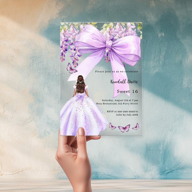 Lavender bow floral dress Sweet 16 clear Acrylic Invitations (Creator Uploaded)