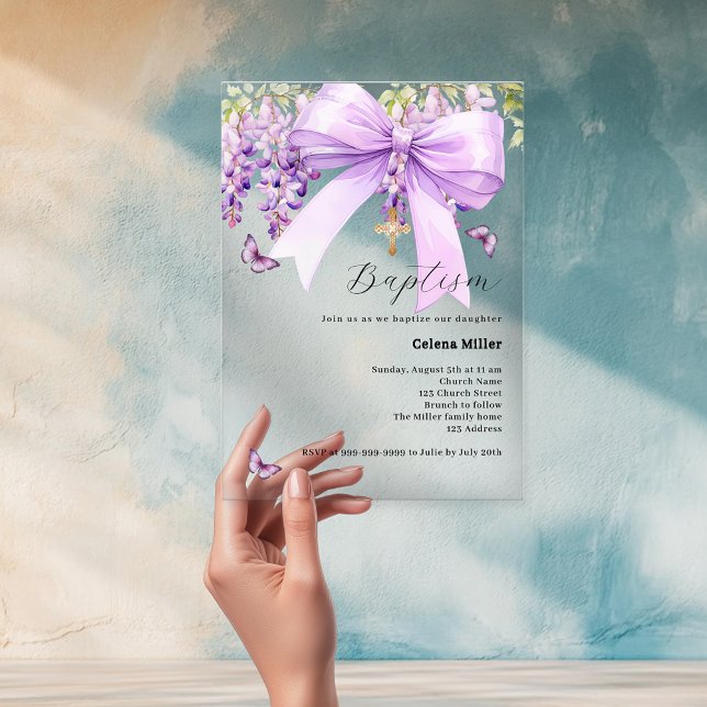 Lavender bow floral girl Baptism Acrylic Invitations (Creator Uploaded)