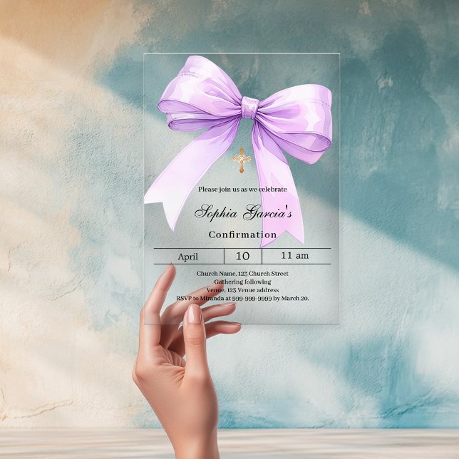 Lavender bow girl clear Confirmation Acrylic Invitations (Creator Uploaded)