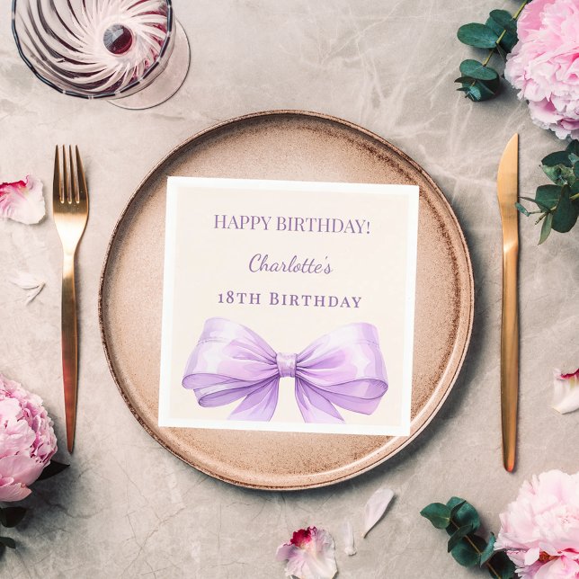 Lavender bow ivory birthday party luncheon napkin (Creator Uploaded)