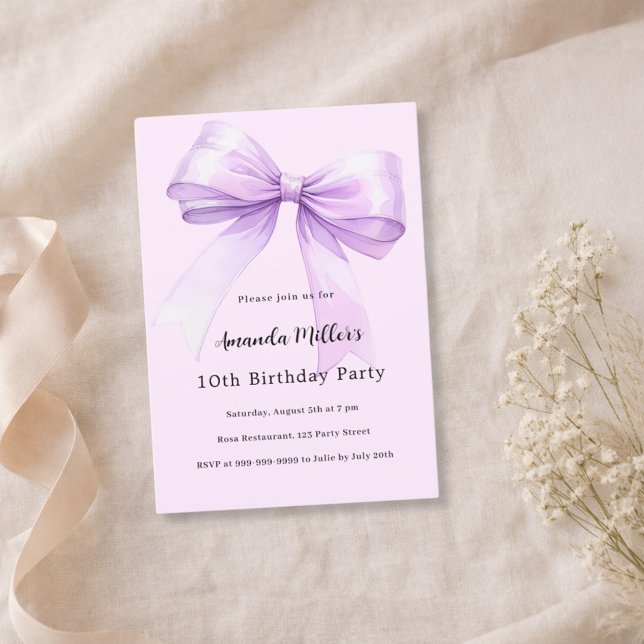 Lavender bow pink coquette girl birthday invitation (Creator Uploaded)