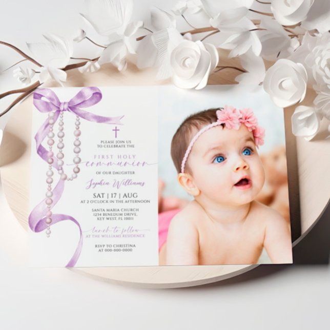 Lavender Bow & Rosary Photo First Holy Communion Invitation (Creator Uploaded)