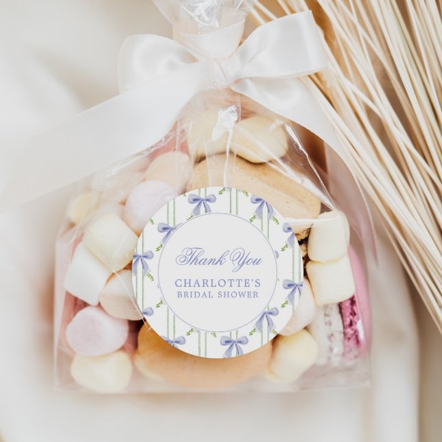 Lavender Bow Stripes Preppy Bridal Shower Classic Round Sticker (Creator Uploaded)