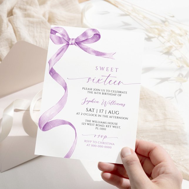 Lavender Bow Sweet 16 Birthday Invitation (Creator Uploaded)